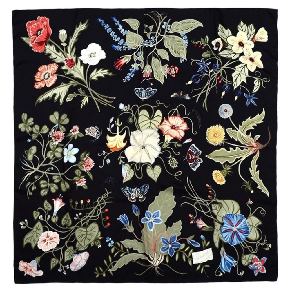 New Gucci Flora Kris Knight Black Silk Scarf - Picture 2 of 15